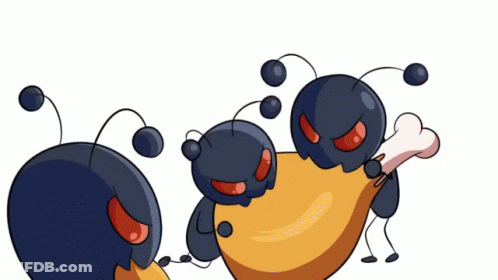 A Cartoon Of Three Ants Holding A Large Piece Of Meat GIF