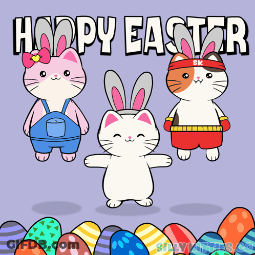 A Cartoon Of Three Cats And A Bunny With The Words Happy Easter Written Above Them GIF