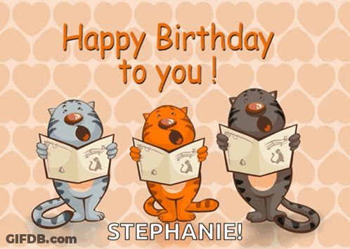 A Cartoon Of Three Cats Singing With The Name Stephanie Below Them GIF