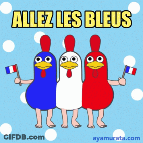 A Cartoon Of Three Chickens Holding French Flags With The Words Allez Les Bleus On The Bottom GIF