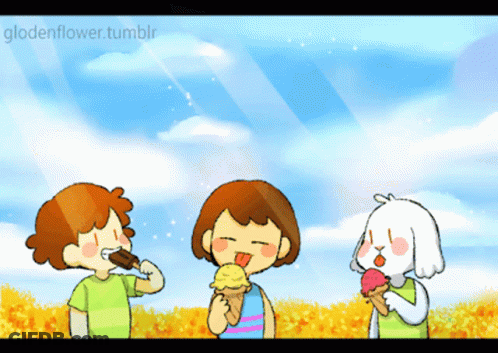 A Cartoon Of Three Children Eating Ice Cream With The Website Glodenflower.tumblr In The Upper Right Corner GIF
