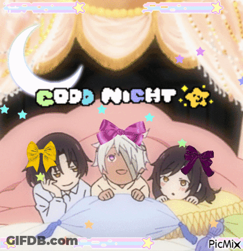 A Cartoon Of Three Children Laying On A Bed With The Words Good Night GIF