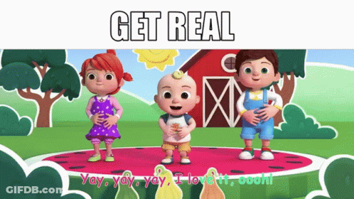 A Cartoon Of Three Children Standing On Top Of A Watermelon With The Words Get Real Written Above Them . GIF