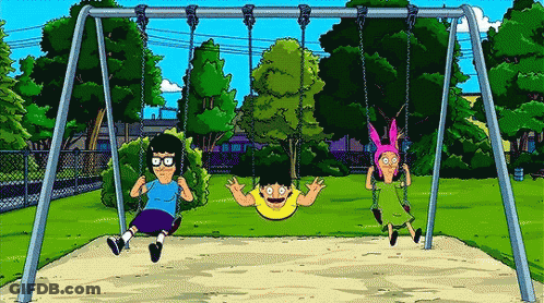 A Cartoon Of Three Children Swinging On A Swing Set In A Park . GIF