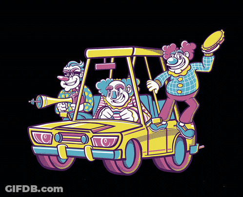 A Cartoon Of Three Clowns In A Car GIF