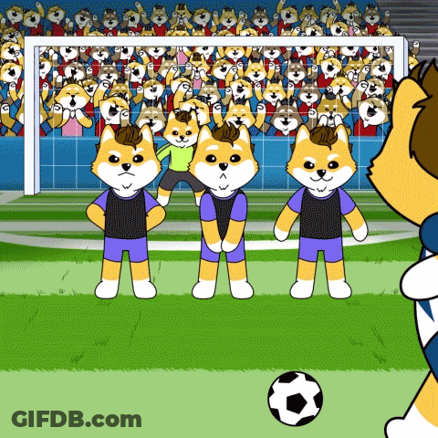 A Cartoon Of Three Dogs On A Soccer Field With A Crowd Behind Them GIF