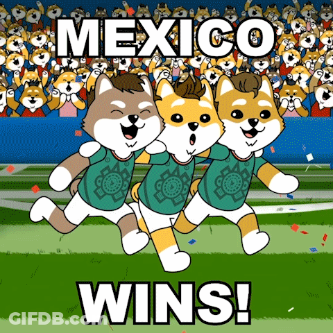 A Cartoon Of Three Dogs Running In Front Of A Crowd That Says ' Mexico Wins ' GIF