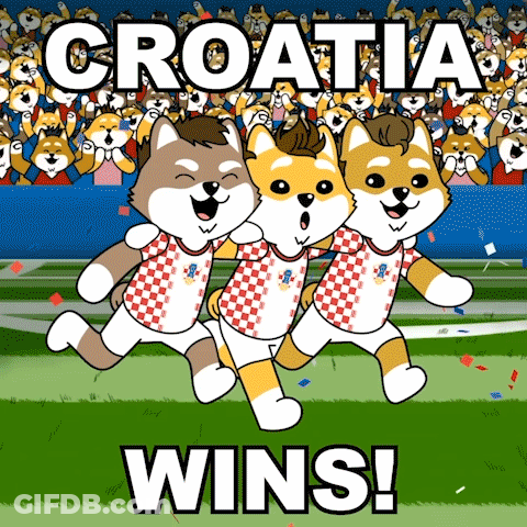 A Cartoon Of Three Dogs Running On A Field With The Words Croatia Wins In The Background GIF
