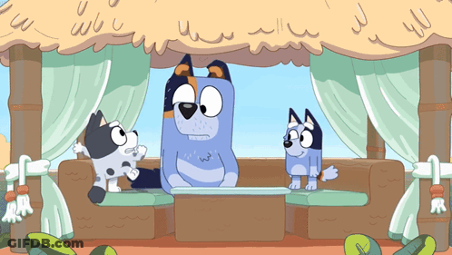 A Cartoon Of Three Dogs Sitting On A Couch Under A Canopy GIF