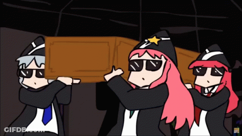 A Cartoon Of Three Girls Carrying A Coffin With A Star On It GIF