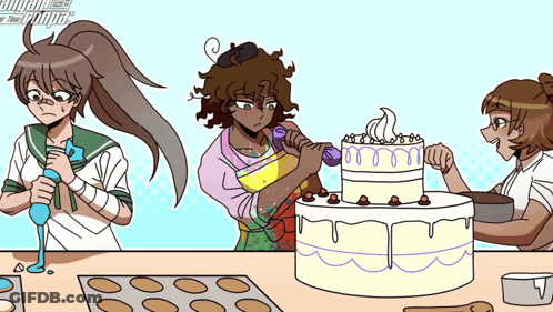 A Cartoon Of Three Girls Decorating A Cake With The Words Animal Crossing On The Bottom Right Corner GIF
