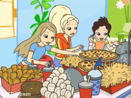 A Cartoon Of Three Girls Standing Around A Table With Pizza French Fries And Drinks GIF