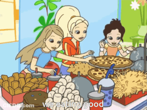 A Cartoon Of Three Girls Standing Around A Table With The Words We Eating Good On The Bottom GIF