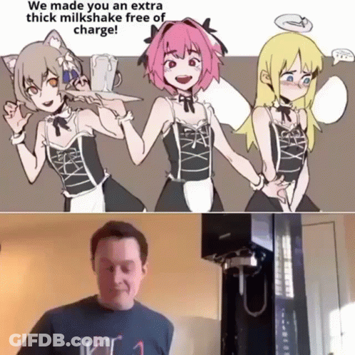 A Cartoon Of Three Maids Standing Next To A Man With The Caption We Made You An Extra Thick Milkshake Free Of Charge ! GIF