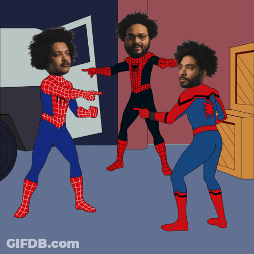 A Cartoon Of Three Men Dressed As Spider-Man Pointing At Each Other GIF