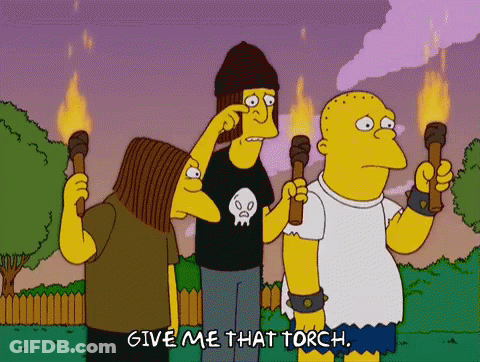 A Cartoon Of Three Men Holding Torches With The Caption Give Me That Torch GIF