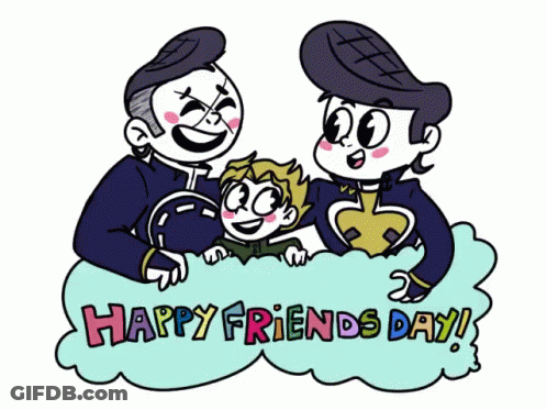 A Cartoon Of Three Men Hugging A Child And The Words Happy Friends Day GIF