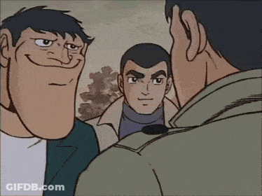 A Cartoon Of Three Men Standing Next To Each Other With One Of Them Making A Funny Face GIF