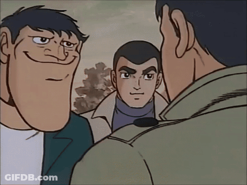 A Cartoon Of Three Men Talking To Each Other With One Making A Funny Face GIF