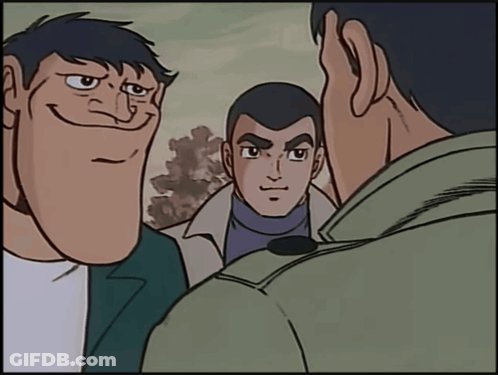 A Cartoon Of Three Men Talking To Each Other With One Making A Funny Face GIF