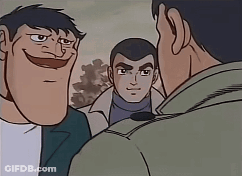 A Cartoon Of Three Men Talking To Each Other With One Of Them Smiling GIF