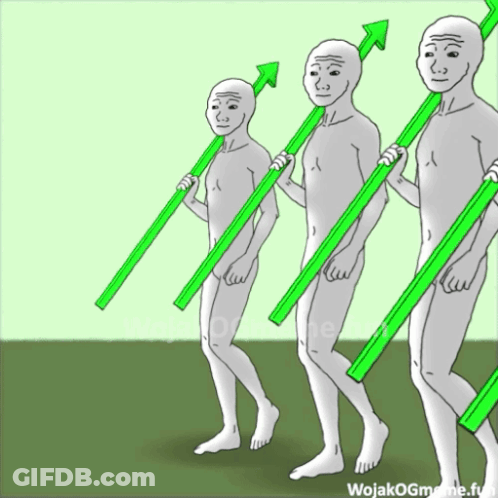A Cartoon Of Three Naked Men Holding Green Arrows With The Words Wojakogmeme.fun At The Bottom GIF