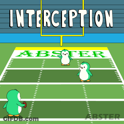 A Cartoon Of Three Penguins On A Football Field With The Word Interception Above Them GIF
