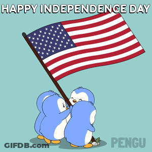 A Cartoon Of Three Penguins Raising An American Flag With The Caption Happy Independence Day Pengu GIF