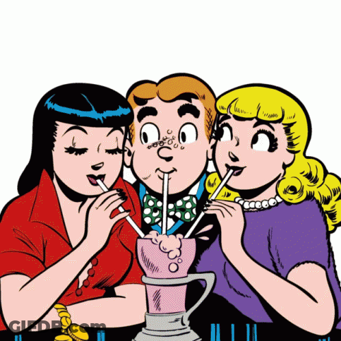 A Cartoon Of Three People Drinking Milkshakes Through Straws GIF