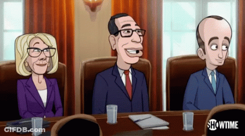 A Cartoon Of Three People Sitting Around A Table With Showtime Written On The Bottom GIF