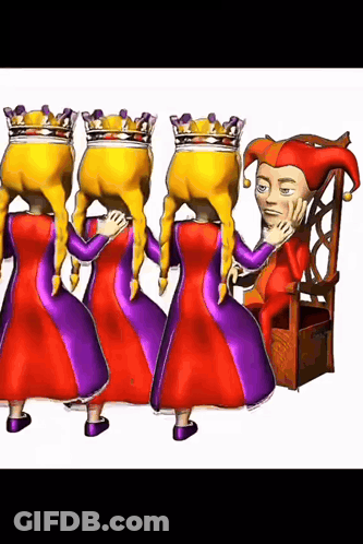 A Cartoon Of Three Princesses Standing Next To A Jester GIF