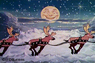A Cartoon Of Three Reindeer Pulling A Sleigh With A Smiling Moon Behind Them GIF