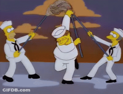 A Cartoon Of Three Sailors Holding Mop Sticks In Their Hands GIF