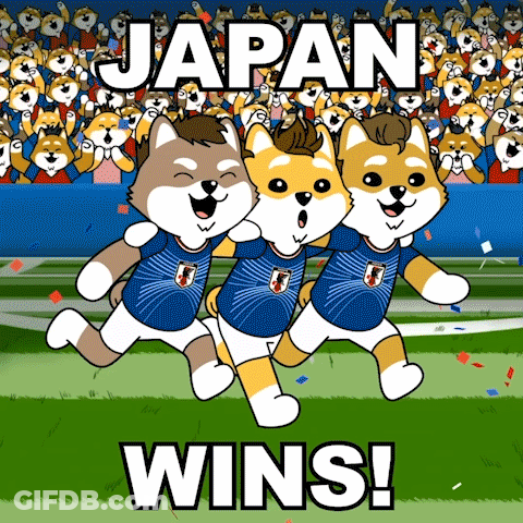 A Cartoon Of Three Shiba Inu Soccer Players Running On A Field With The Words Japan Wins GIF