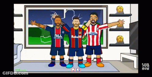 A Cartoon Of Three Soccer Players With One Wearing A Jersey That Says Roku GIF