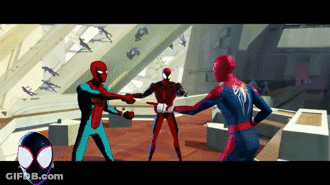 A Cartoon Of Three Spider-Men Standing Next To Each Other GIF