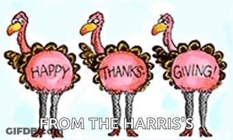 A Cartoon Of Three Turkeys Holding Signs That Say Happy Thanks Giving . GIF