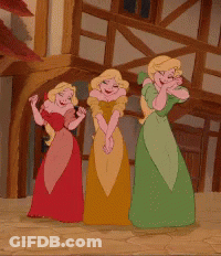 A Cartoon Of Three Women In Dresses Standing Next To Each Other GIF