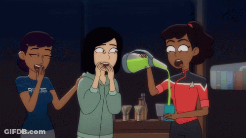 A Cartoon Of Three Women With One Wearing A Blue Shirt That Says Rds GIF