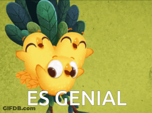 A Cartoon Of Three Yellow Birds With The Words Es Genial In White GIF