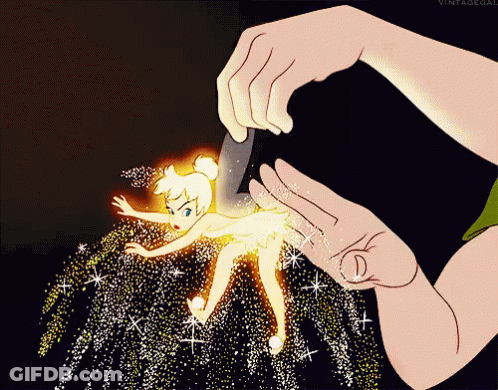 A Cartoon Of Tinkerbell Is Being Held By Peter Pan 'S Hands GIF