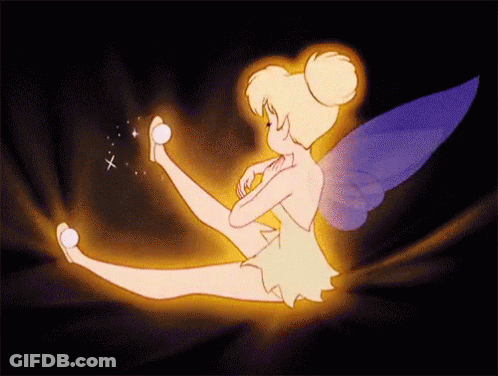 A Cartoon Of Tinkerbell Sitting On The Ground With A Light Coming Out Of Her Feet GIF