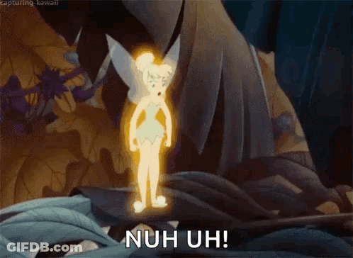 A Cartoon Of Tinkerbell Standing In A Cave With The Words Nuh Uh . GIF