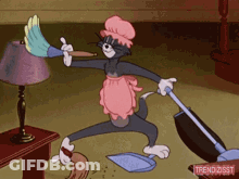 A Cartoon Of Tom And Jerry Cleaning With A Broom GIF