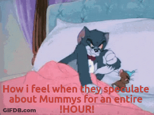 A Cartoon Of Tom And Jerry Laying In Bed With The Caption " Wow I Feel When They Speculate About Mummys For An GIF