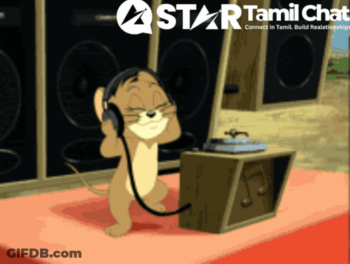 A Cartoon Of Tom And Jerry Listening To Music With A Star Tamil Chat Logo GIF