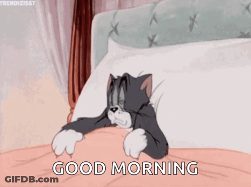 A Cartoon Of Tom And Jerry Saying Good Morning While Yawning In Bed GIF