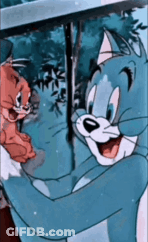 A Cartoon Of Tom And Jerry Standing Next To Each Other And Smiling GIF