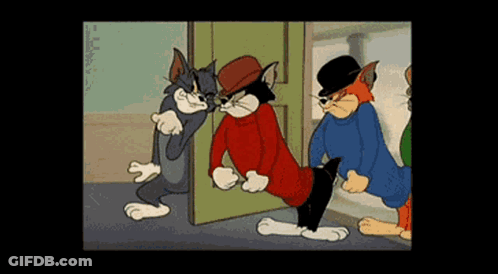 A Cartoon Of Tom And Jerry Standing Next To Each Other In Front Of A Door . GIF