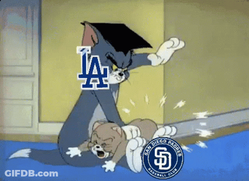 A Cartoon Of Tom And Jerry With The San Diego Padres Logo In The Background GIF